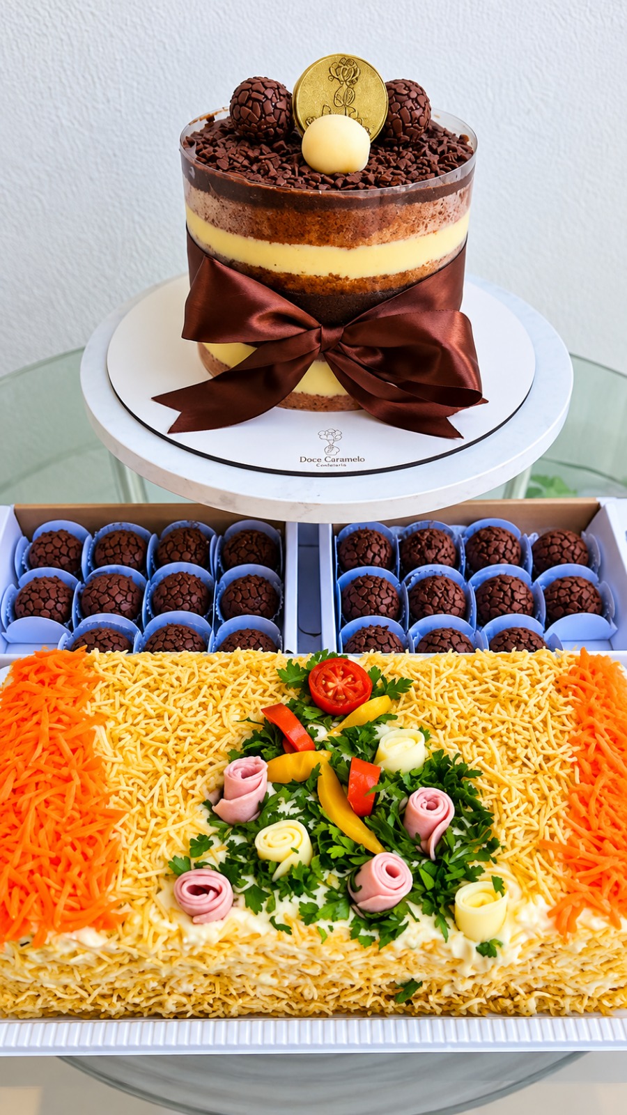 Kit festa com bolo, brigadeiros e torta salgada